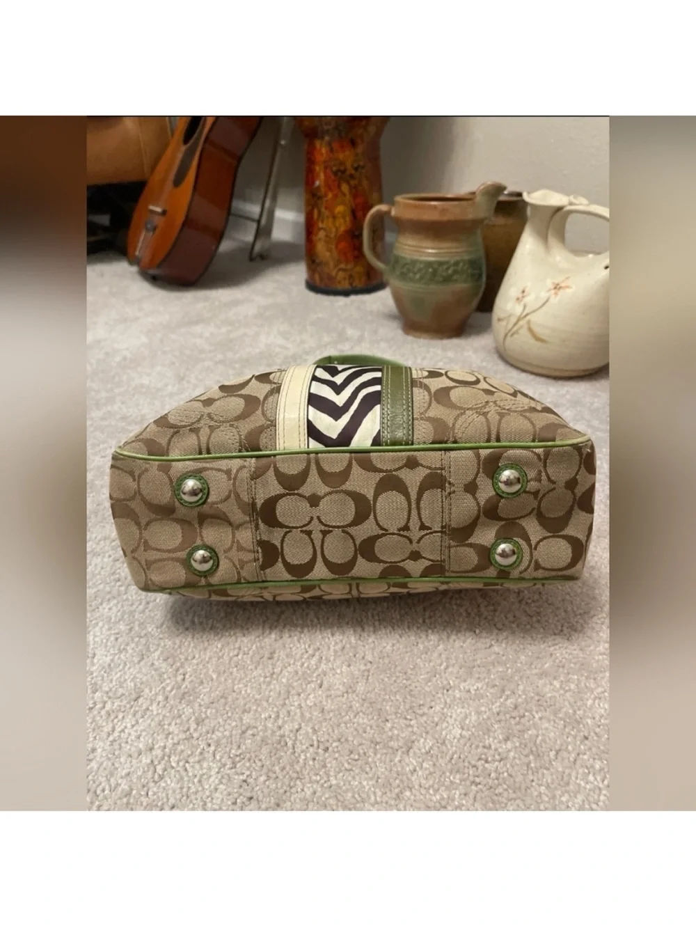 Coach Beige Signature Canvas Tote with Green Trim and Zebra Stripe